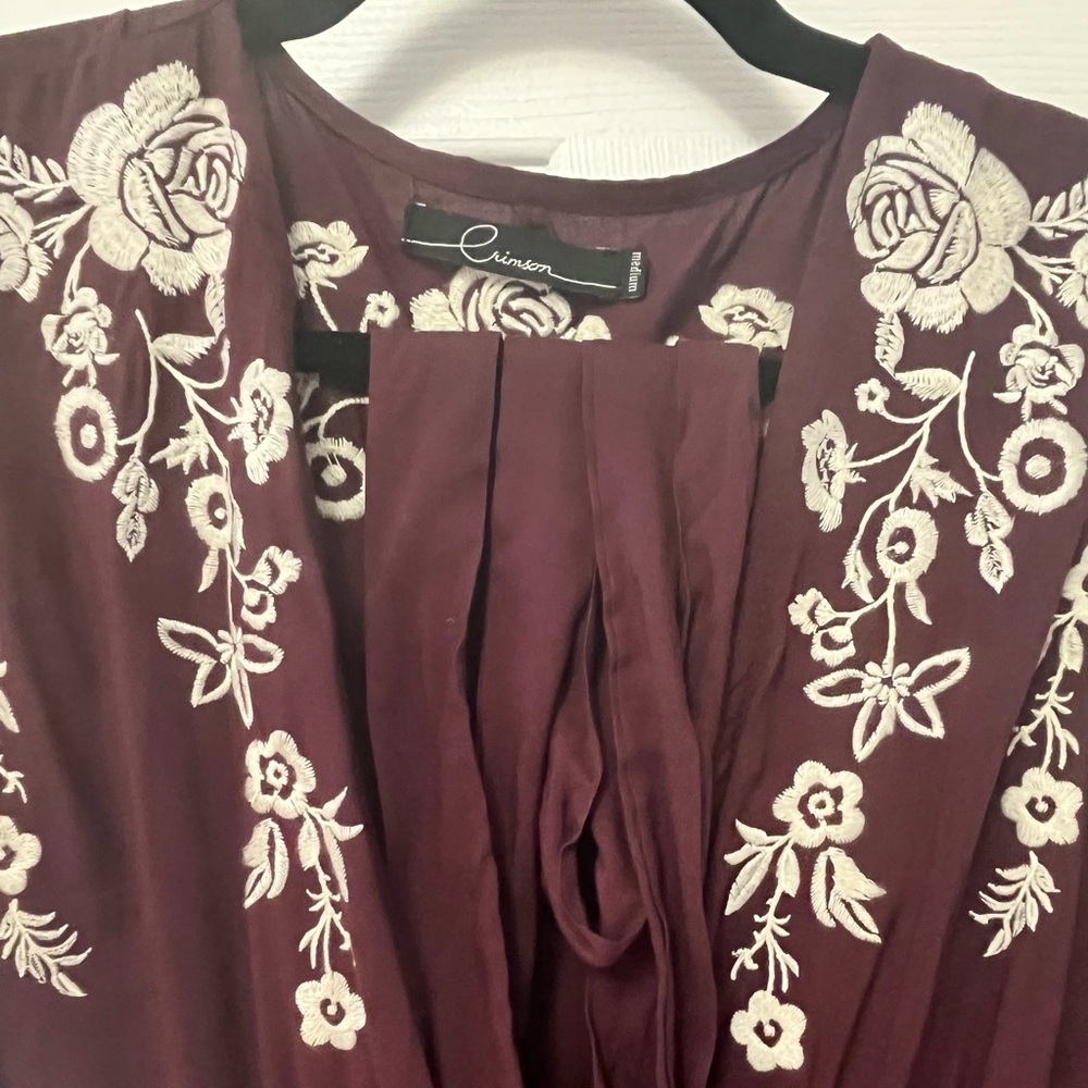 ✨ Crimson in Grace – Embroidered Sleeve Tie Waist Dress - Picture 5 of 12